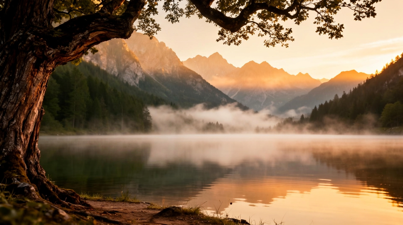 Nebliger Bergsee im warmen Morgenlicht